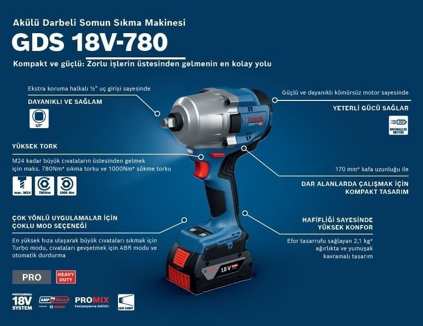Bosch GDS 18V-780 Akülü Darbeli Somun Sıkma Makinesi 18 Volt 5 Ah