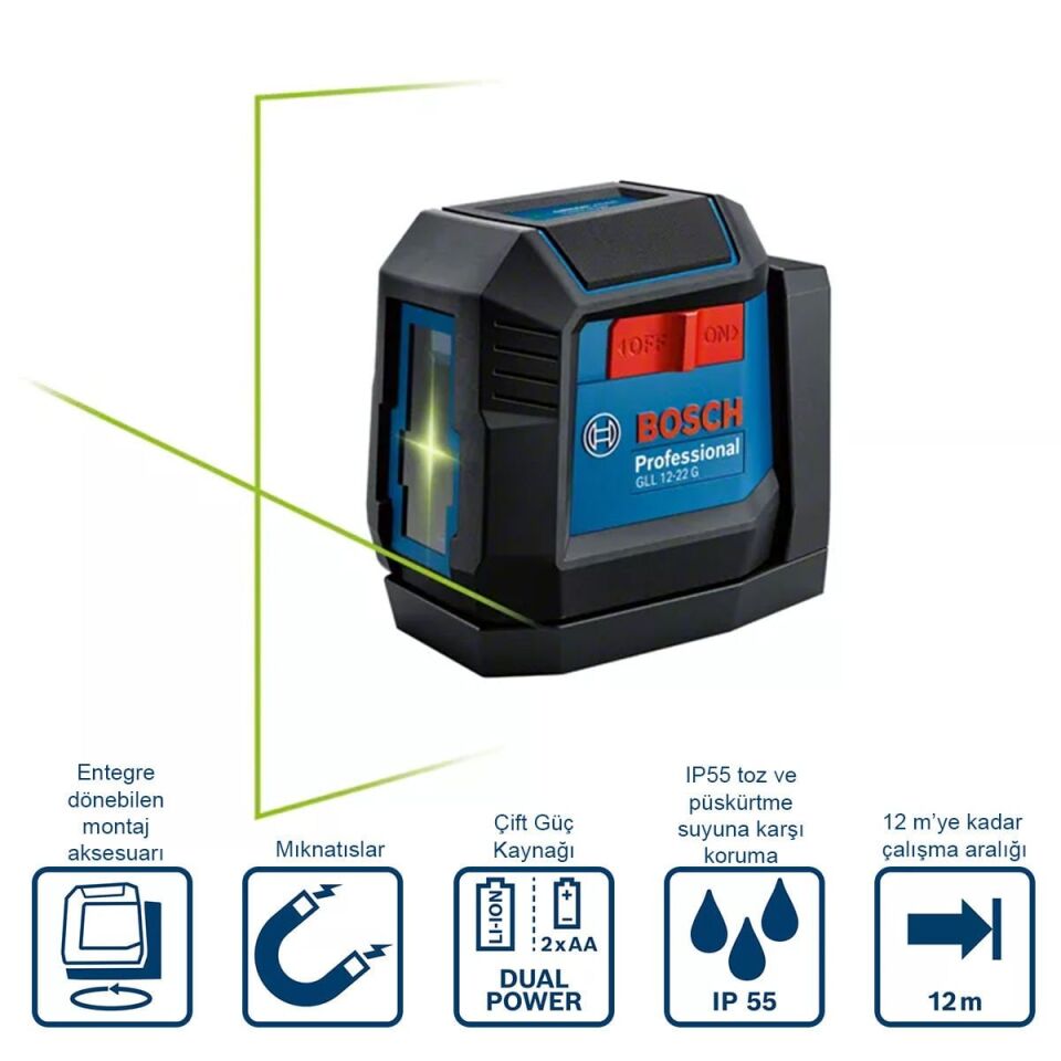 Bosch GLL 12-22 G Yeşil Işık Çapraz Çizgi Hizalama Lazeri