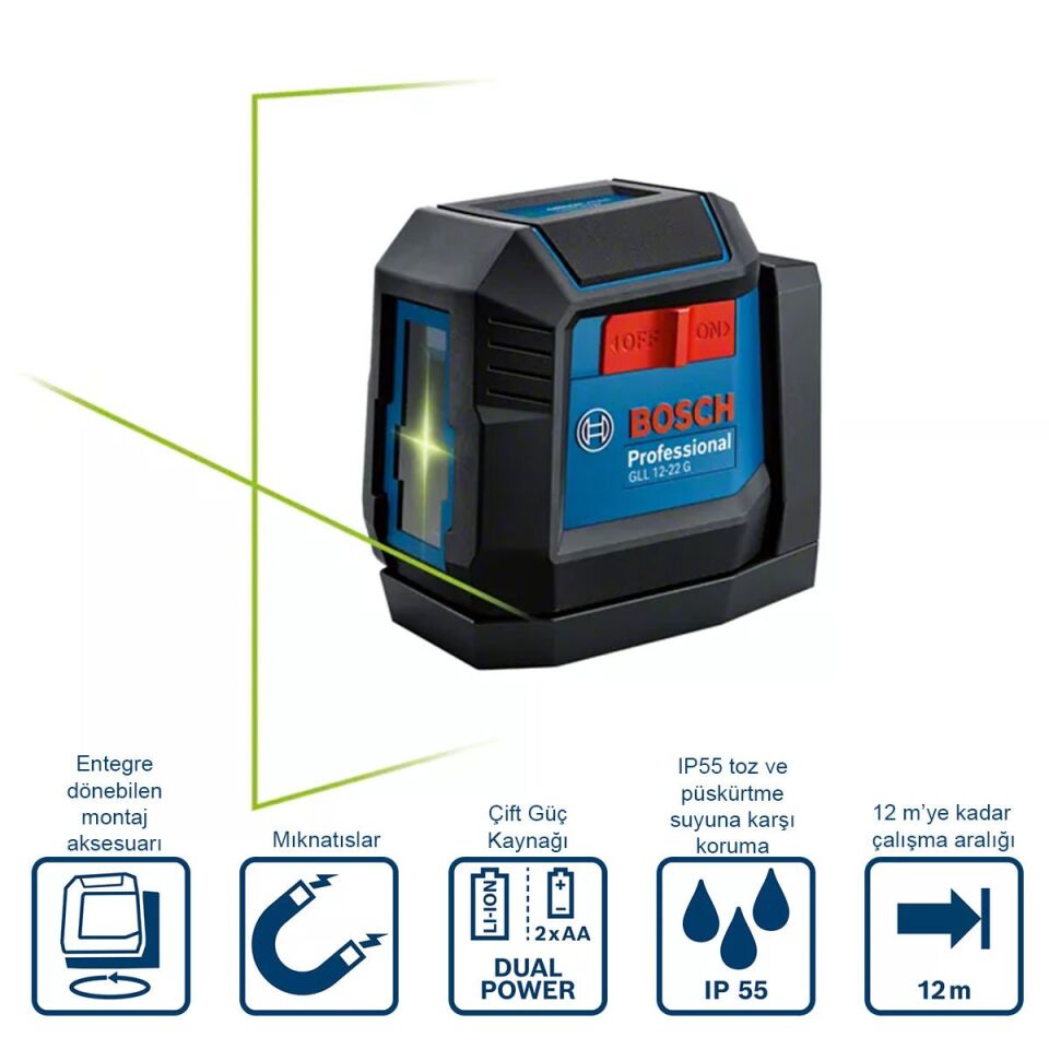 Bosch GLL 12-22 G Yeşil Işık Çapraz Çizgi Hizalama Lazeri
